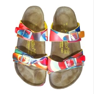 Rare Birkenstock Papillio 2 Strap Multicolor Rainbow Marble Swirl Slides